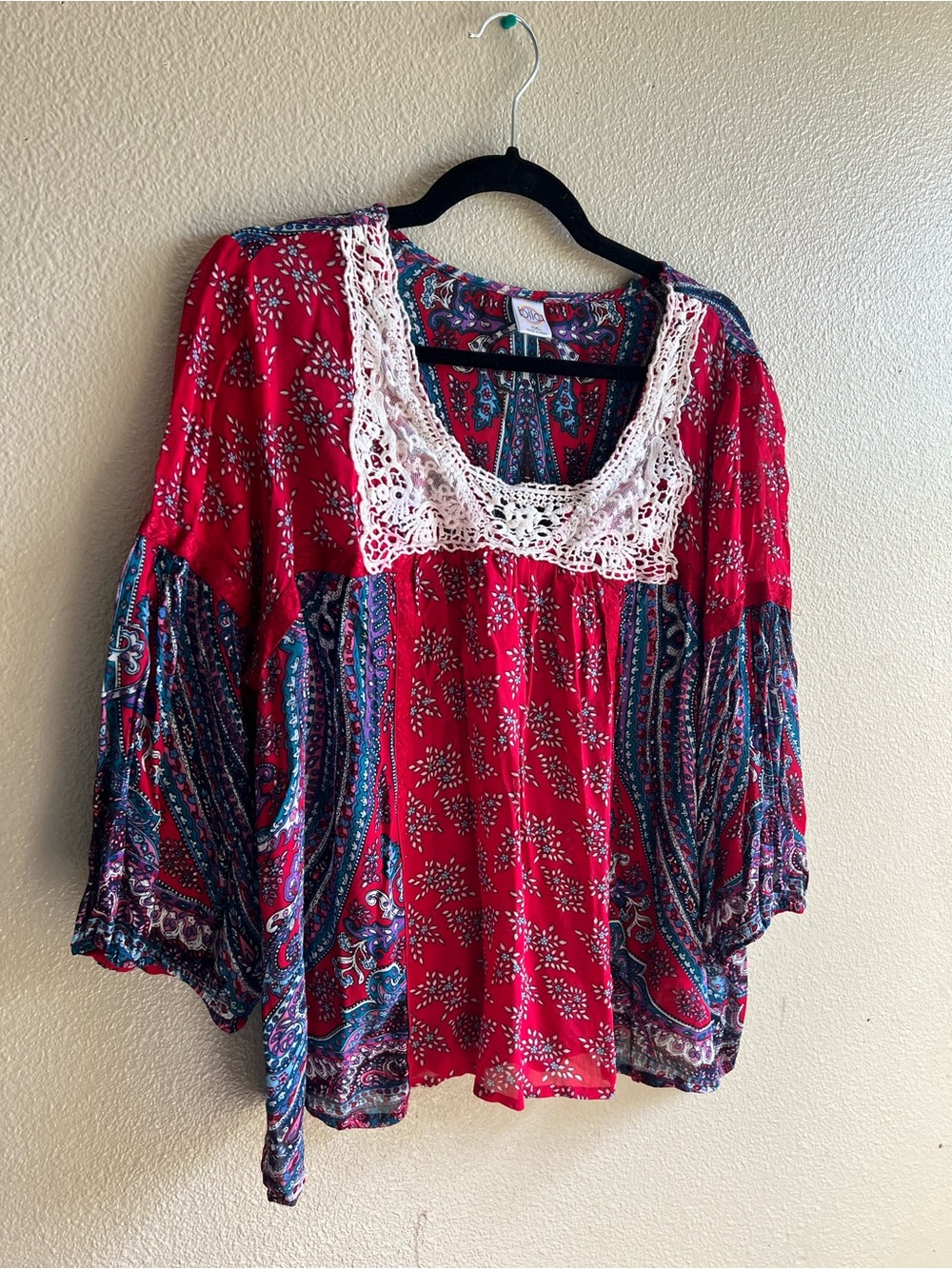 Bila Red Paisley Crochet-Neck Hippie Tunic Lagenlook Size XXL